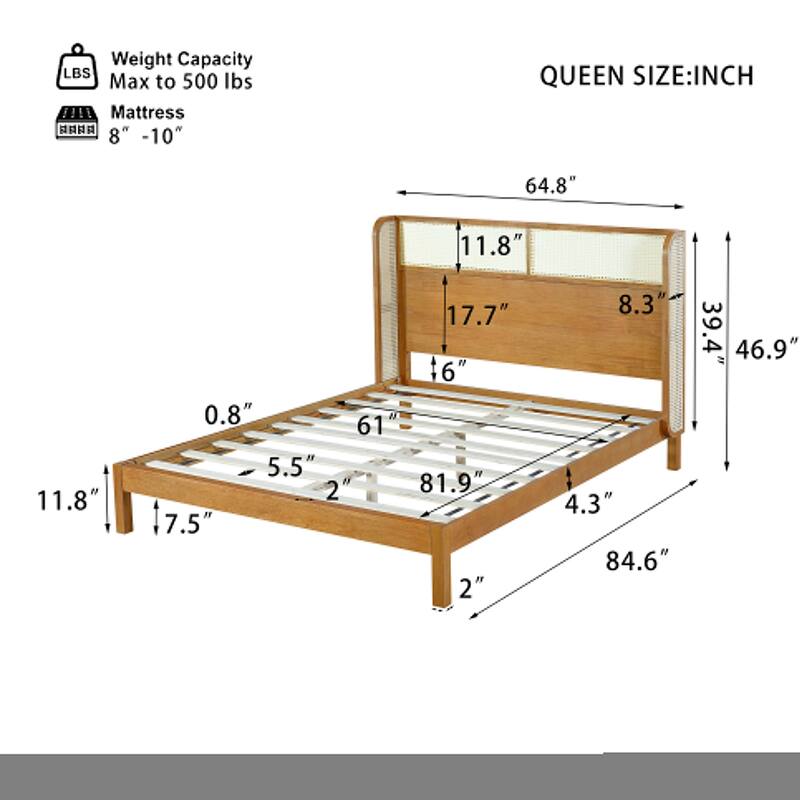 Queen/King Rubber Wood Platform Bed Frame with Headboard, Mid-Century Modern Solid Wood Bed in Natural Finish