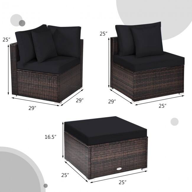4 Pieces Patio Rattan Furniture Set with Removable Cushions and Pillows - Corner Sofa: 29" x 29" x 25"