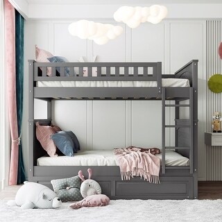 Full Over Full Pine Wood Bunk Bed with Twin Size Trundle, Guardrails ...