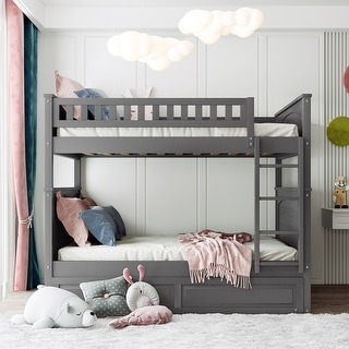Full Over Full Size Bunk Bed with Trundle, Bunk Bed Frame with Ladder, Wood Frame & Safety Guardrails for Teens & Adults