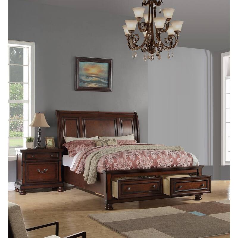 Traditional Style 3pc Bed 2x Nightstand Set Round Knobs Bun Feet Dark Cherry Finish
