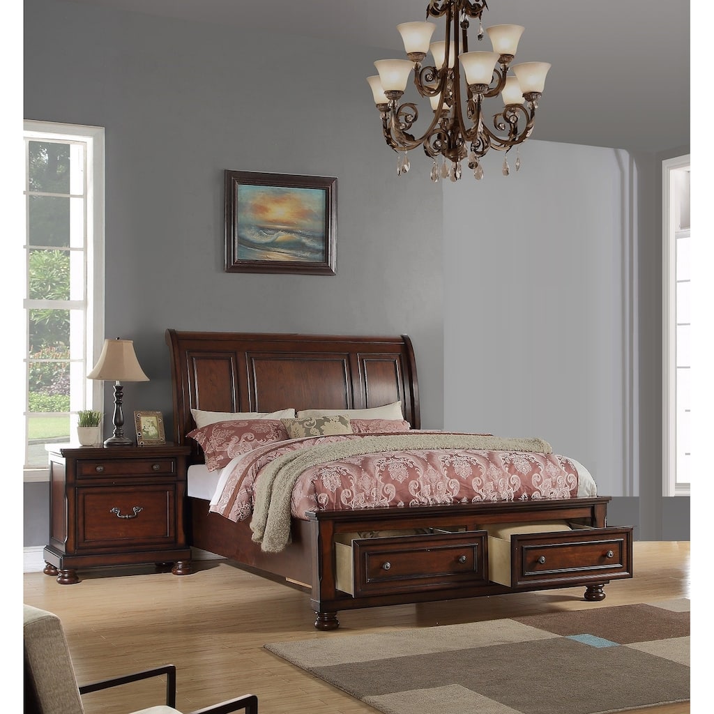 Traditional Style 3pc Bed 2x Nightstand Set Round Knobs Bun Feet Dark Cherry Finish