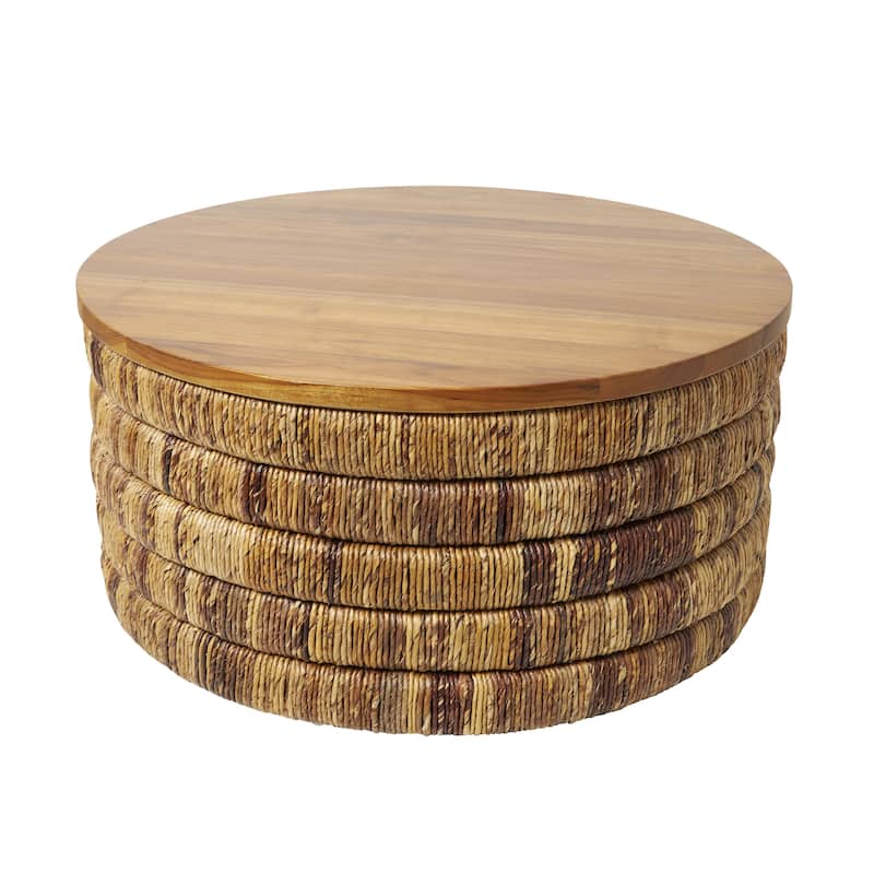 Seagrass Handmade Linear Wrapped Side End Accent or Coffee Table with Teak Wood Top - Brown - Roche River Décor