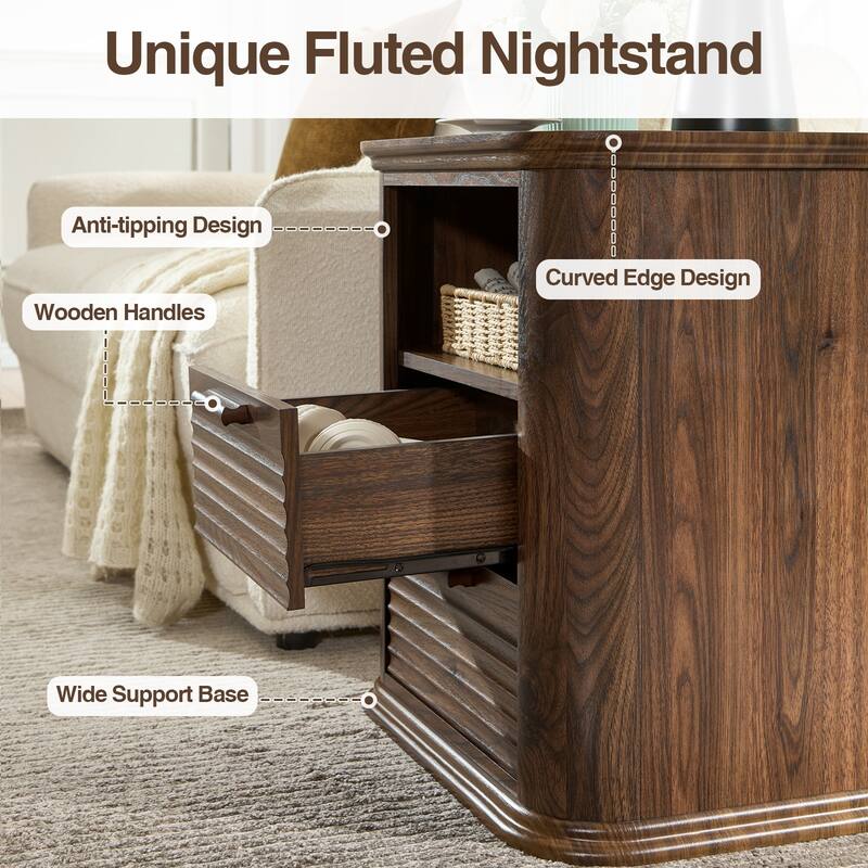 22" Fluted Night Stand with Charging Station, End Table with 2 Drawers & Open Storage, Side Tables Curved Profile Design