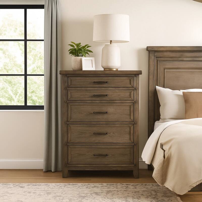 Merry Tall Dresser Chest, 5 Drawers, Brown Solid Wood, Bronze Metal