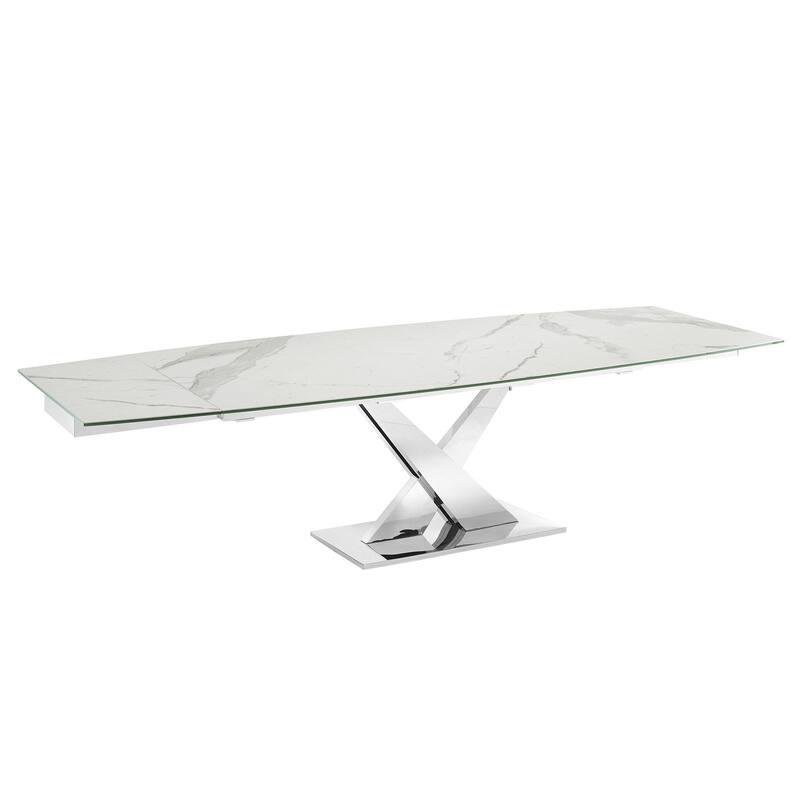 X Base Manual Dining Table with Stainless Base and Clear Top