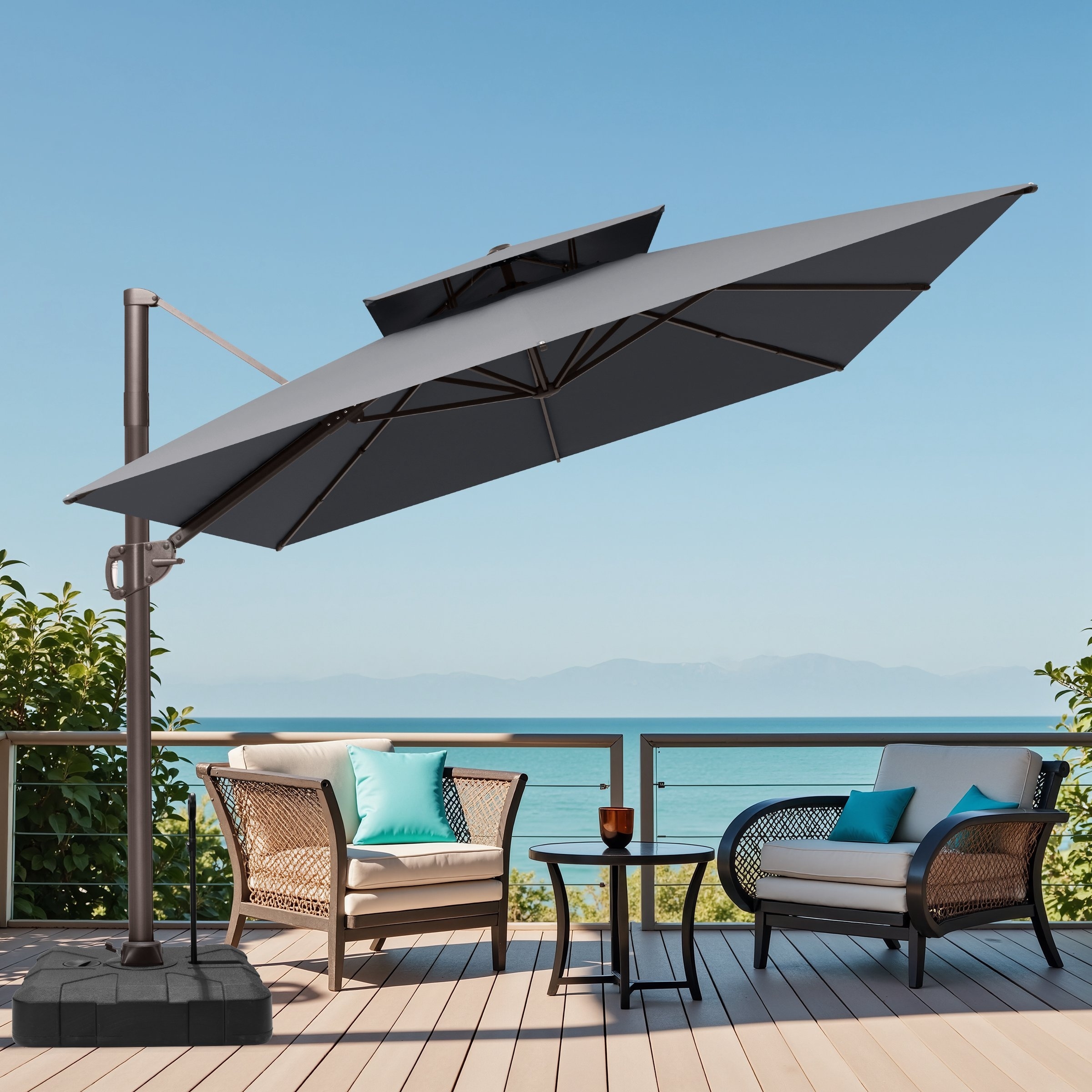 9x12 FT Rectangular Aluminum Outdoor Patio Double Top Cantilever Offset Umbrella with Rod Base