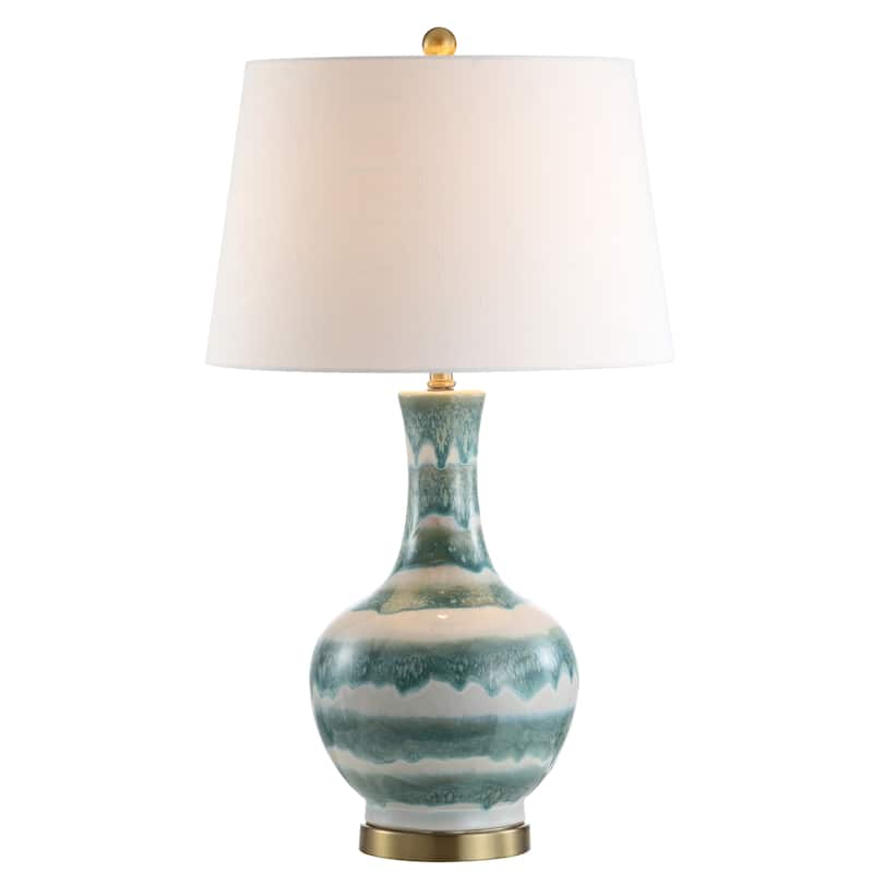 Cora 30.5" Striped Ceramic/Metal LED Table Lamp, Green/White by JONATHAN Y - Green/White