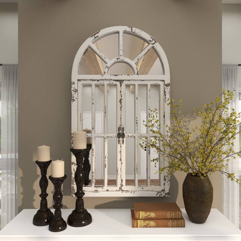 Wood Window Pane Inspired 2 Door Room Wall Mirror with Arched Top and Distressing - White - Roche River Decor