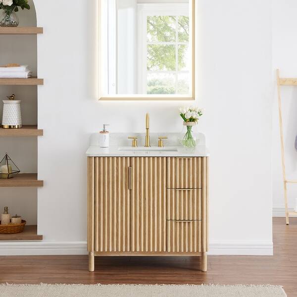 slide 2 of 42, Sierra Bathroom Vanity in Washed Light Brown with Grain White Engineered Stone Countertop without Mirror