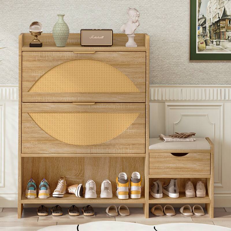 47.2" Shoe Storage Cabinet Rattan Shoe Storage Organizer With 2 Flip Drawers, a Storage Drawer and a Bench For Entryway,