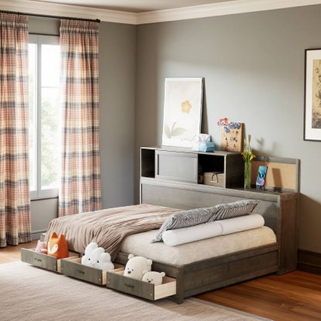 Full Size Wooden Daybed with 3 Storage Drawers, USB Ports, Pushable Shelf, and Soft Headboard