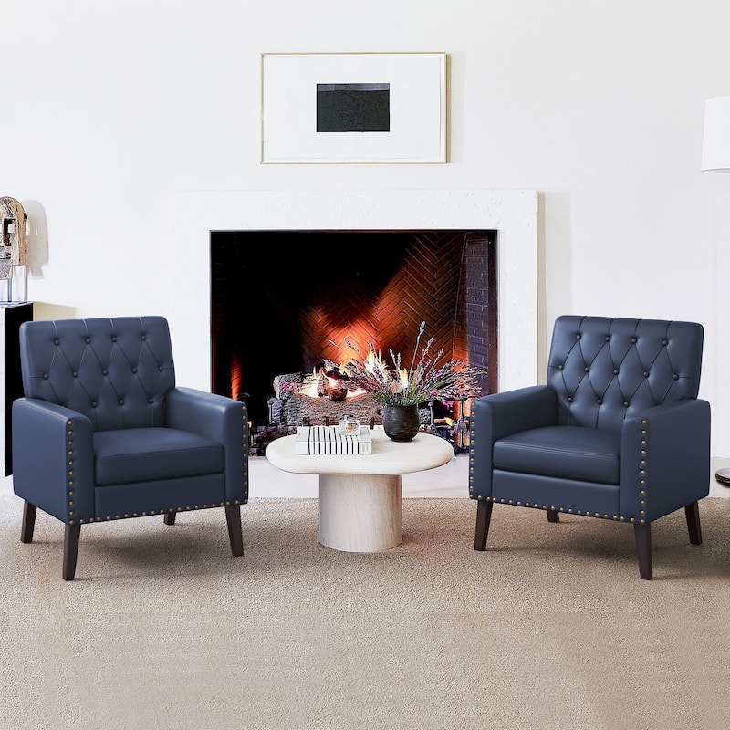 Modern Upholstered Accent Chair with Tufted Backrest and Solid Wood Legs Living Room Armchair - Blue/Leather - Set of 2