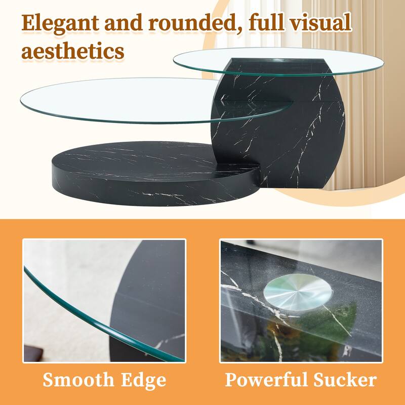Modern Round Glass Coffee Table w/ Wood Base, 3 Tier Round Coffee Table, Clear Cocktail Table w/ Storage for Home Office