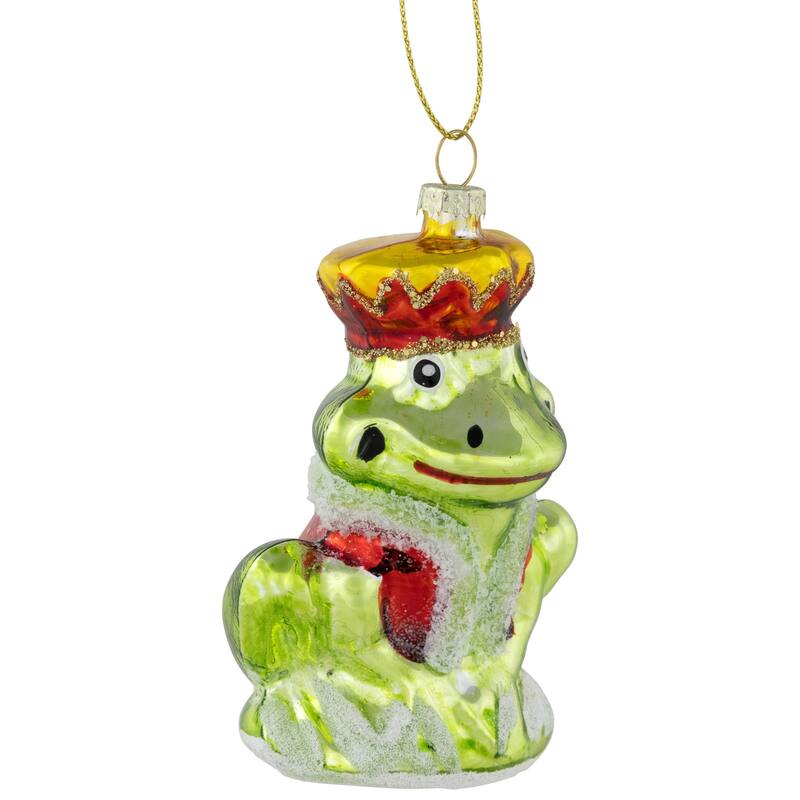 Prince Frog Glass Christmas Hanging Ornament - 3.5" - Lime Green and Red