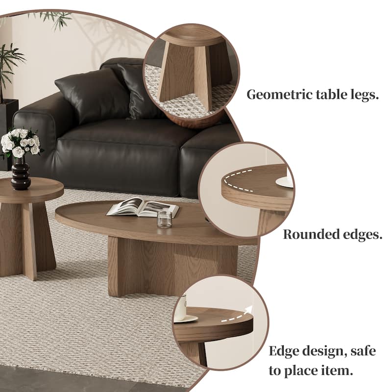 Mid Century Round Brown Solid Wood Coffee Table Set of 2, Solid wood Veneer