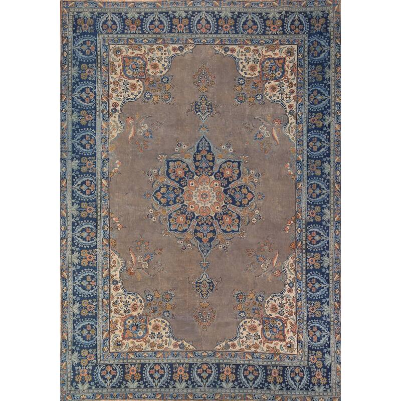 Grey Tabriz Persian Vintage Area Rug Hand-Knotted Bedroom Wool Carpet - 7'10" x 11'0"