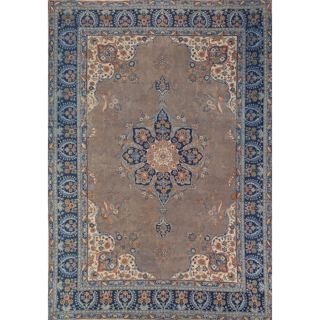 Grey Tabriz Persian Vintage Area Rug Hand-Knotted Bedroom Wool Carpet - 7'10" x 11'0"