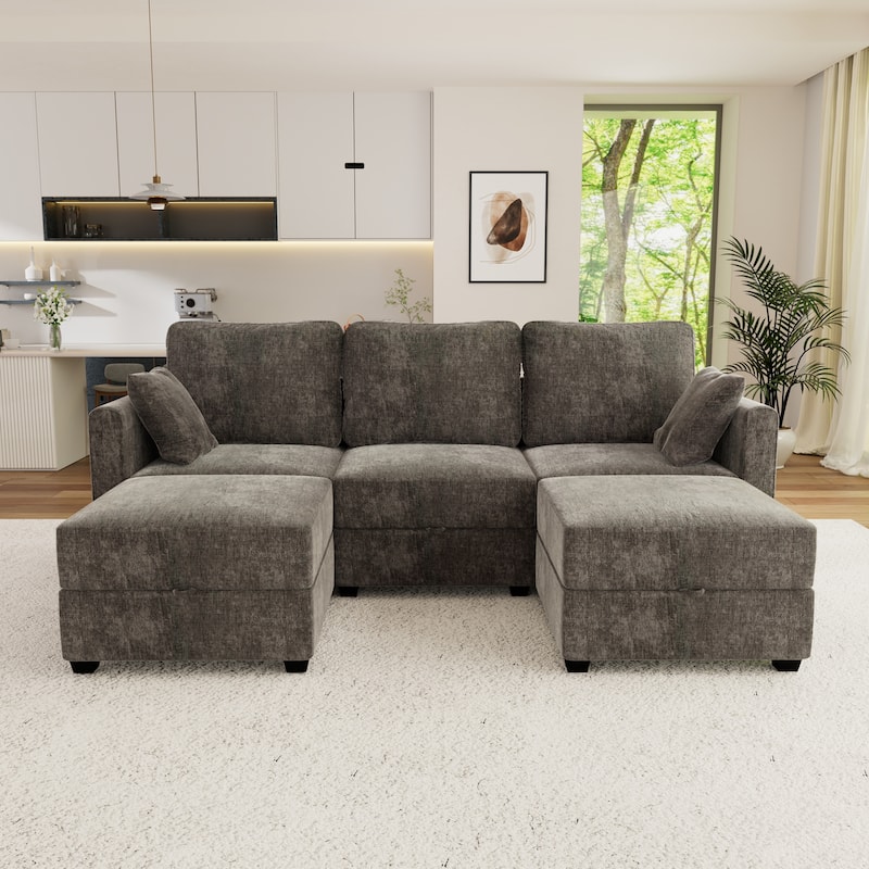 U-Shaped 3-Seater Sectional Sofa with 2 Storage Ottomans - Grey