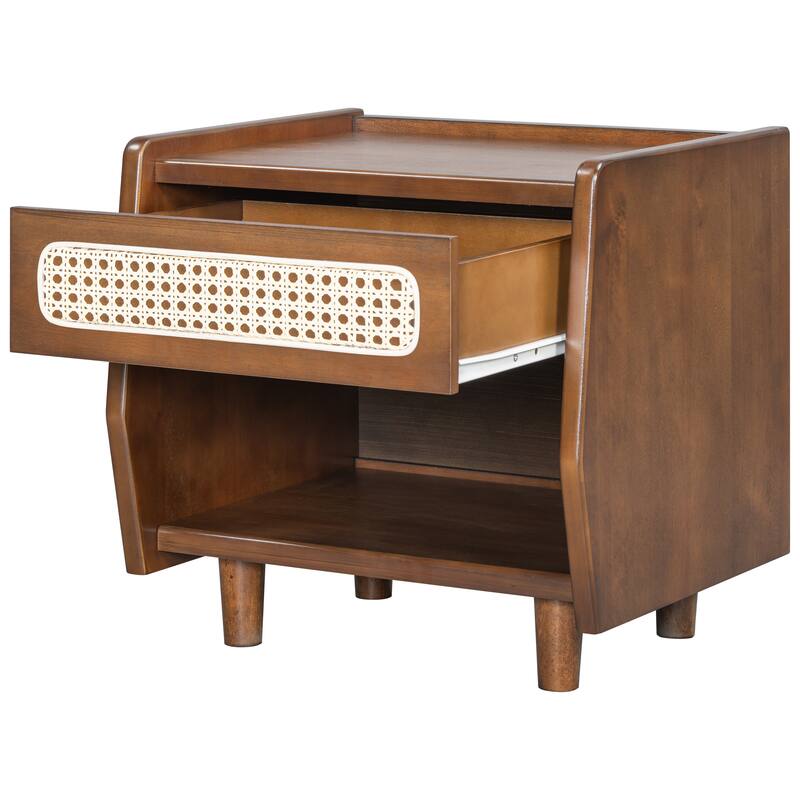 Christopher Knight Home - Zessia Retro 19" Wood Nightstand with Woven Drawer and Open Shelf, Set of 2