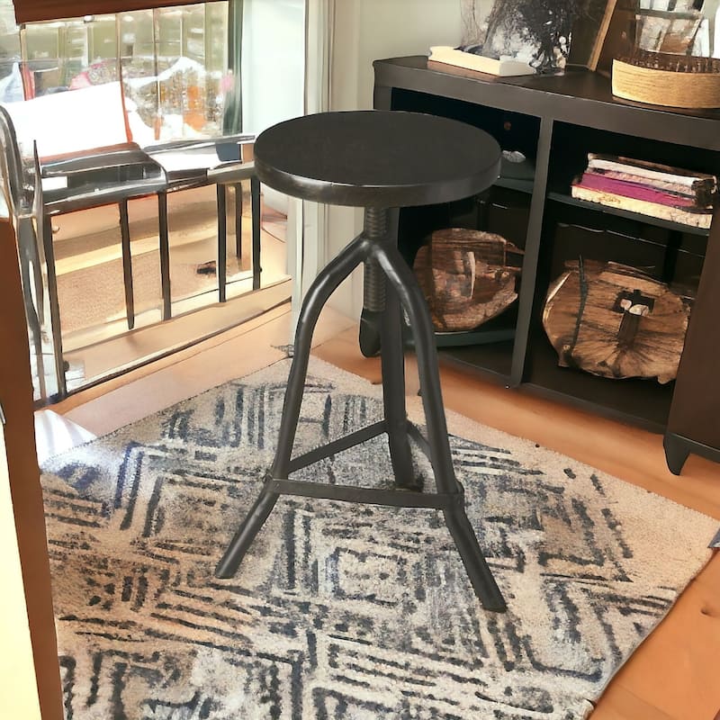 Black Iron Adjustable Height Bar Stool with Round Solid Wood Seat Tripod Legs - 14.5” x 15” x 26” (D x W x H)
