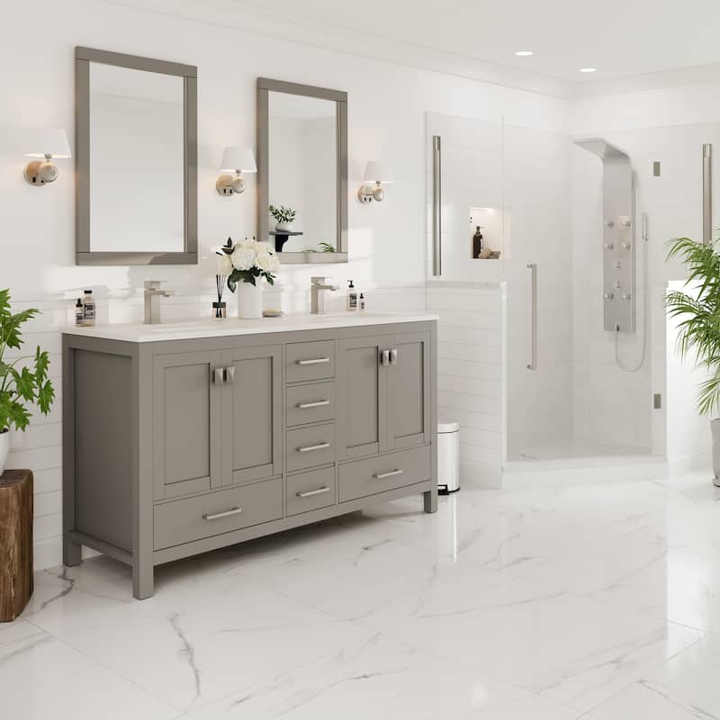 Eviva London 60"W Gray DS Bath Vanity with White Carrara Quartz Top