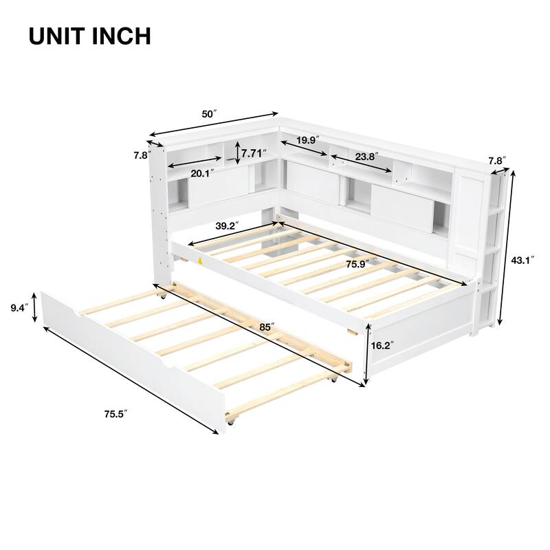 Twin Size Daybed with Storage Shelves, USB Charging & Trundle (250lb Capacity)
