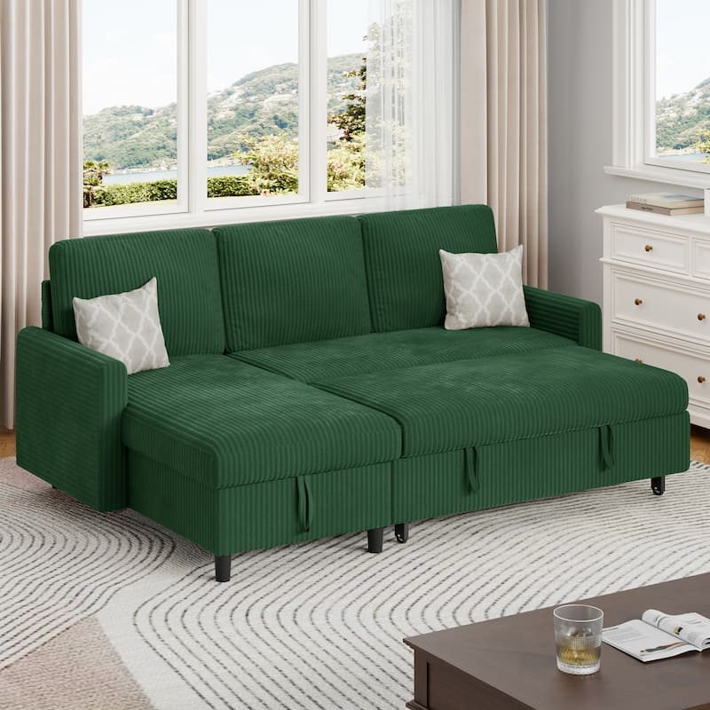 Futzca 3-in-1 Convertible Corduroy Sofa Bed with Storage, L-Shaped Sectional Couch