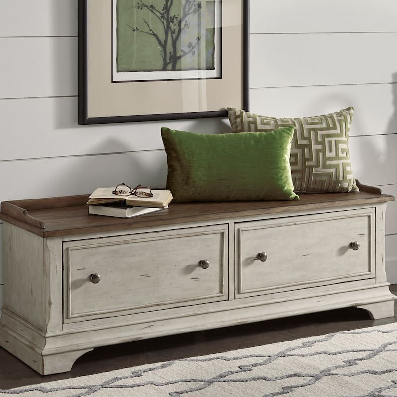 Morgan Creek Antique White Wire Brushed Tobacco Accents Storage Hall Bench - Antique White