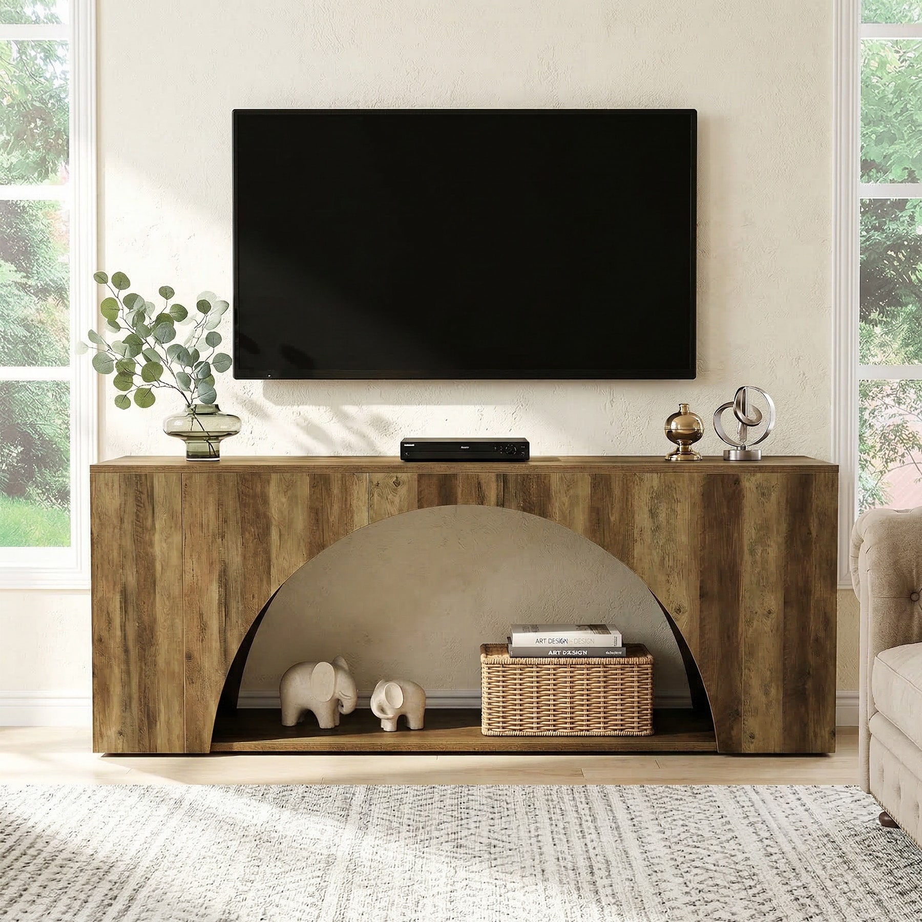 62.99" Rustic Wood TV Stand with Arch Shelf for 65" TVs