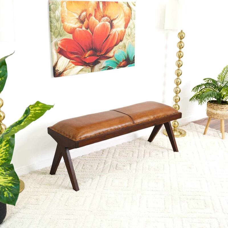 GDFStudio - Chad Modern Mid-Century 47.5" Genuine Leather Bench with Solid Wood Frame - 16.1"W