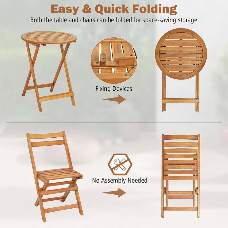 3 PCS Folding Patio Bistro Set Wood Chair Table Set Outdoor Dining Set