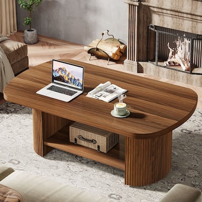 45.2 Inch Wood Coffee Table, Center Table with 2 Tier Shelves