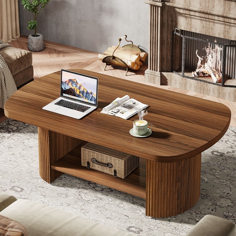 45.2 Inch Wood Coffee Table, Center Table with 2 Tier Shelves - On