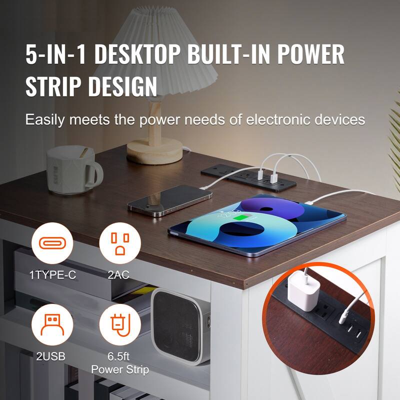 White Wood Farmhouse End Table with Power Strip and Sliding Door - 24.02” L x 17.99” W x 23.94” H