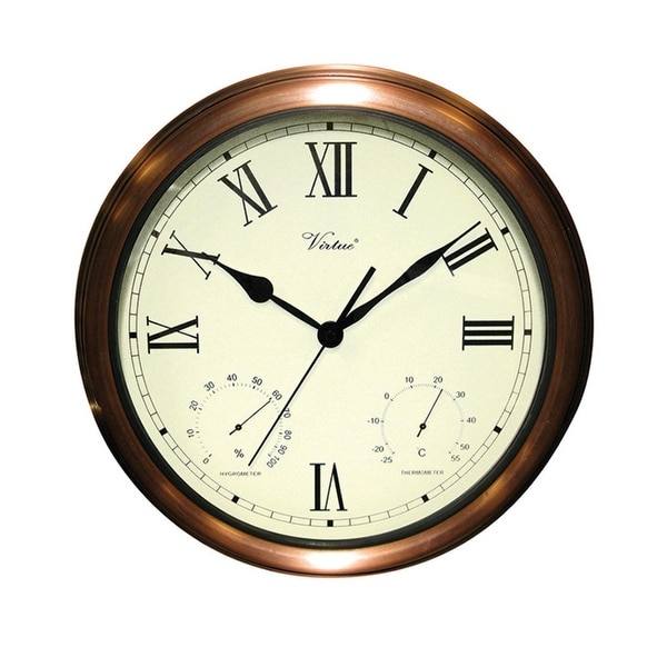 15" Battery Operated Copper Large Print Roman Numeral Outdoor Clock, Thermometer and Hygrometer