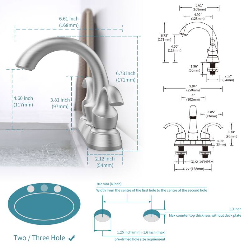 Bathroom Faucet 2-Handle with Aerator, Swan Style 4-inch Centerset Vanity Sink with Pop-Up Drain and Supply Hoses