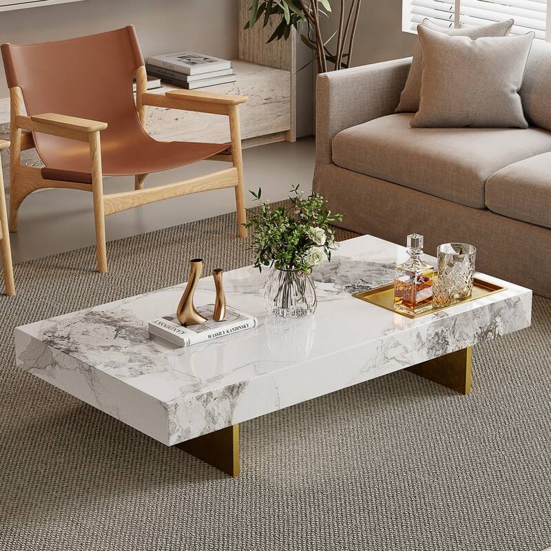 51" Modern Rectangular Coffee Table, Glossy Sintered Stone Table for Livingroom