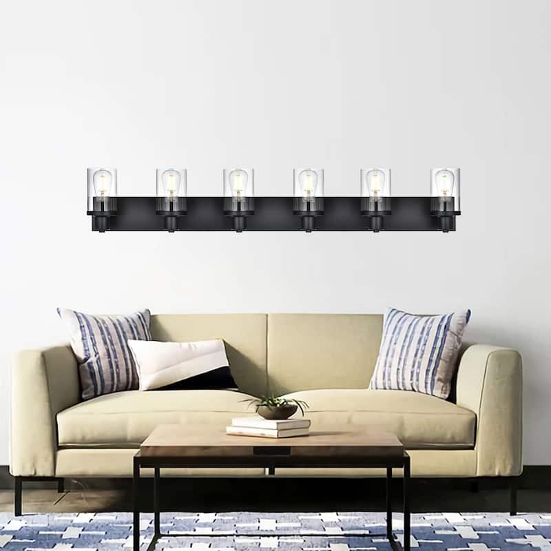 Rustic Wall Light Fixture in Matte Black Finish, 6 Light Bathroom Vanity Lighting with Clear Glass Shade, Wall Lamp Sconces