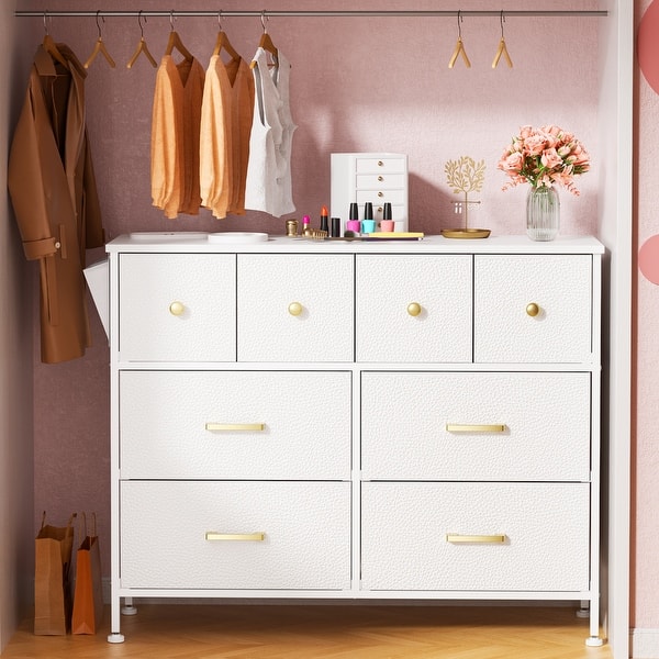 slide 2 of 10, White Dresser for Bedroom with 8 Drawers TV Stand for 45" TV Bedroom Dresser Storage Organizers, Fabric Chest of Drawers 8-drawer - White