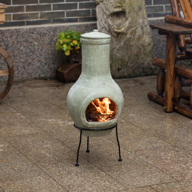 Beige Outdoor Clay Chiminea Outdoor Fireplace Scribbled Design Charcoal ...