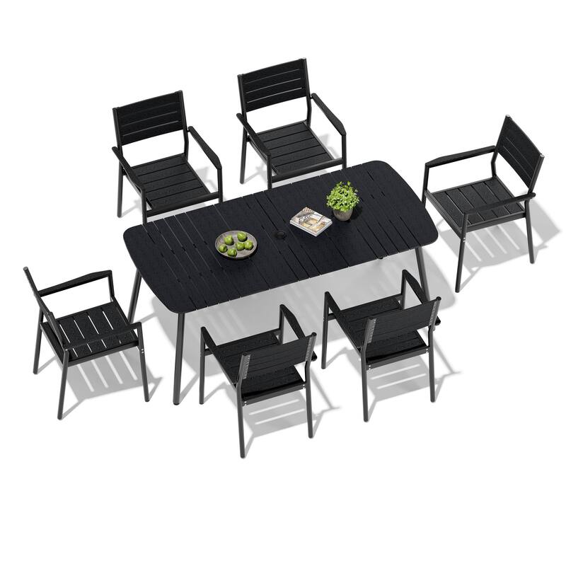 7-Piece Outdoor Patio Dining Set Aluminum Rectangle Table with Stackable Chairs - Black