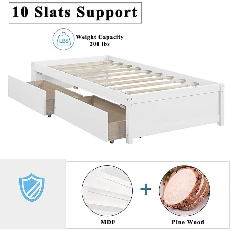Twin Platform Bed Frame with 2 Storage Drawers, Wood Twin Bed Frames for Kids Toddler Girls Boys
