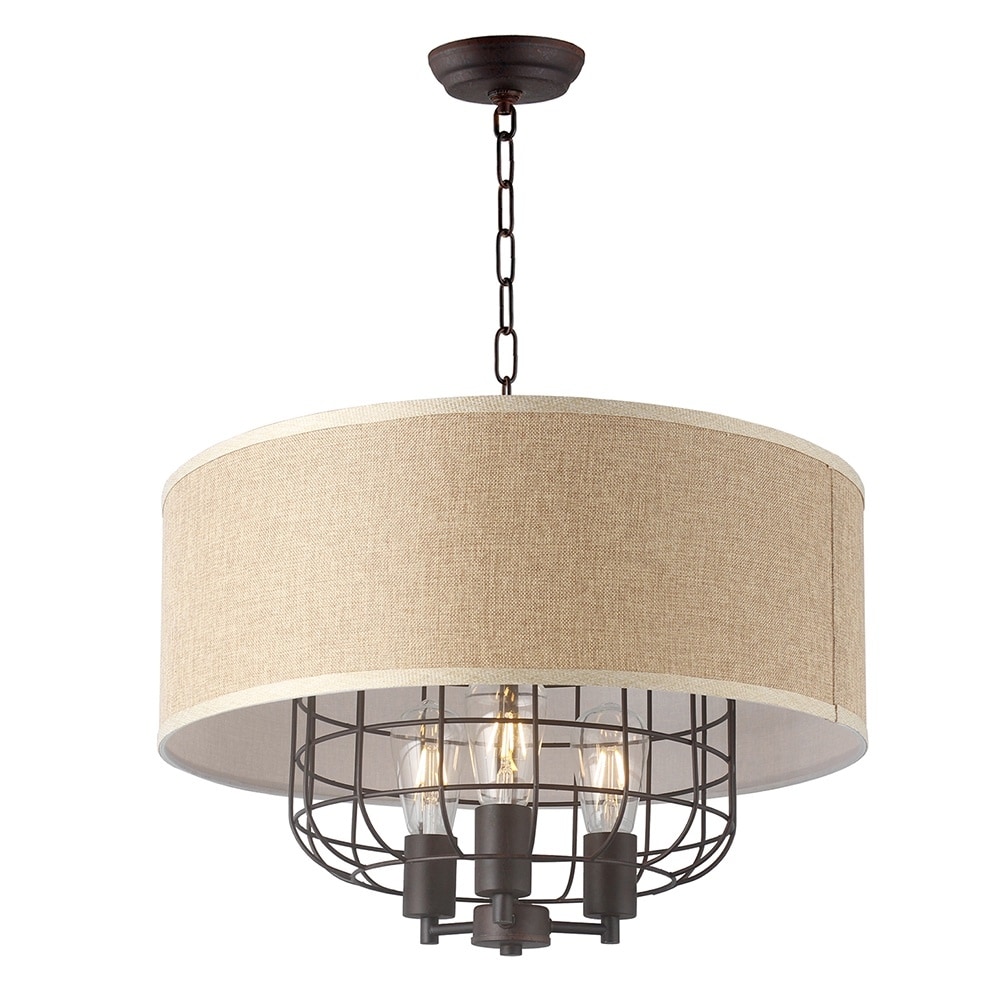 3 Light Drum Chandelier in Iron Frame and Linen Shade - 15"H x 22"W x 22"D