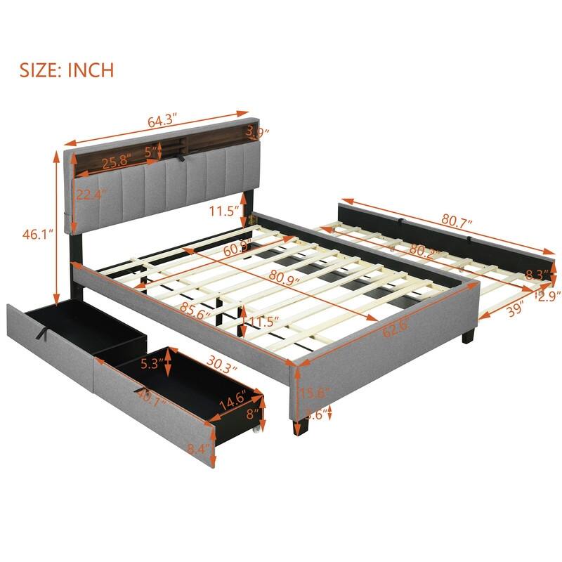 Queen size Upholstered Platform Bed w/Twin XL Trundle & 2 drawers and Sockets & USB Ports