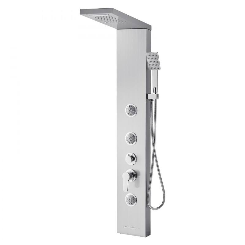 Silver Stainless Steel 5-in-1 Shower Panel Tower System with Rainfall, Waterfall, Jets and Handheld - 53.0x 7.9x 18.1 inch