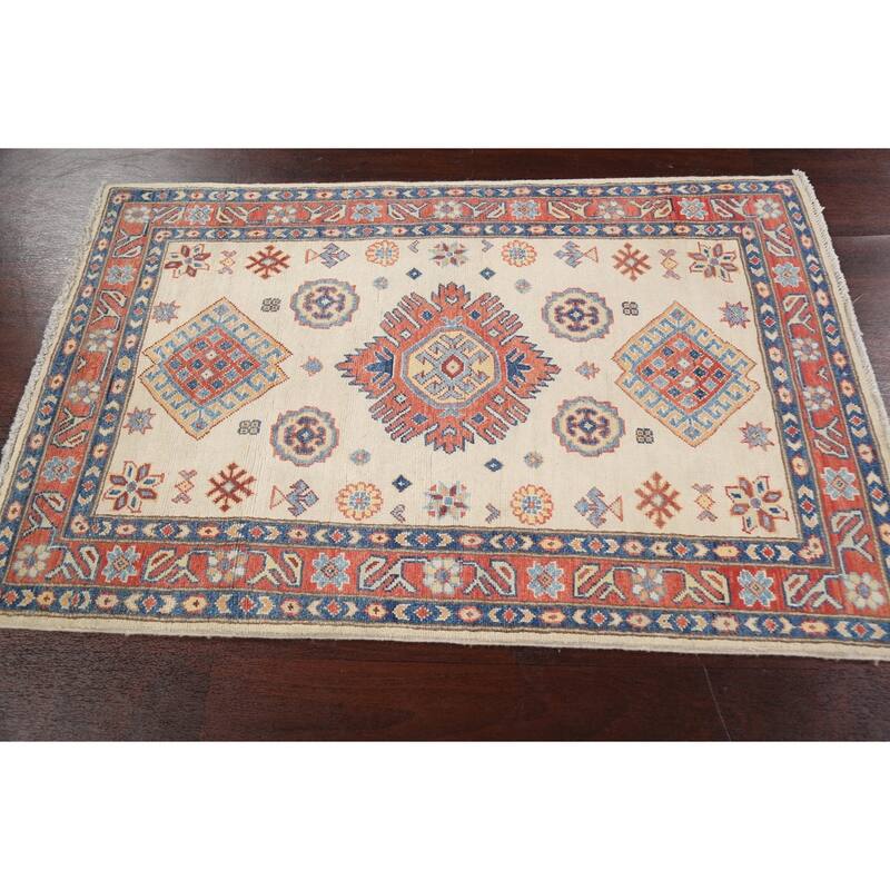 Geometric Kazak Oriental Wool Area Rug Hand-knotted Kitchen Carpet - 3'1" x 4'10"