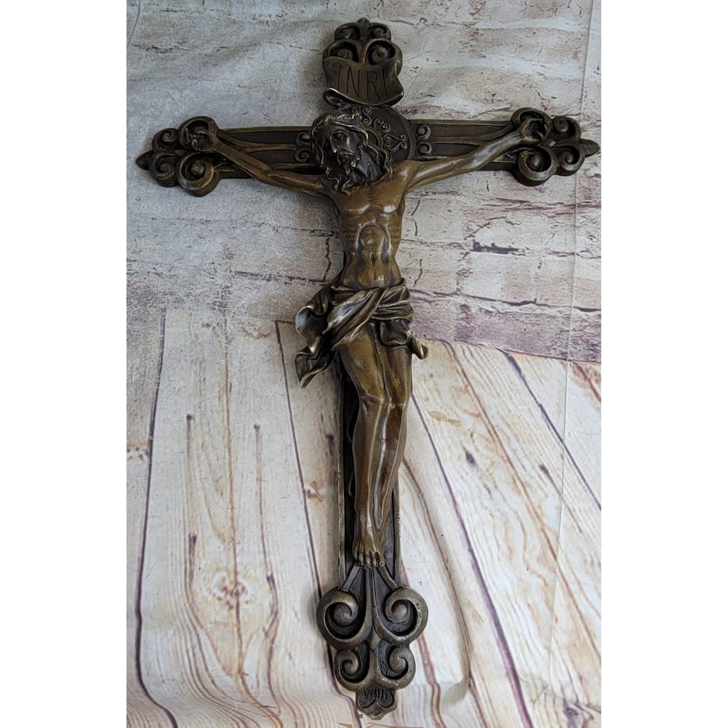 Wall Mount Hanging Bronze Crucifix Sculpture Jesus On Cross Christian Decor 20 Inches X 14 Inches