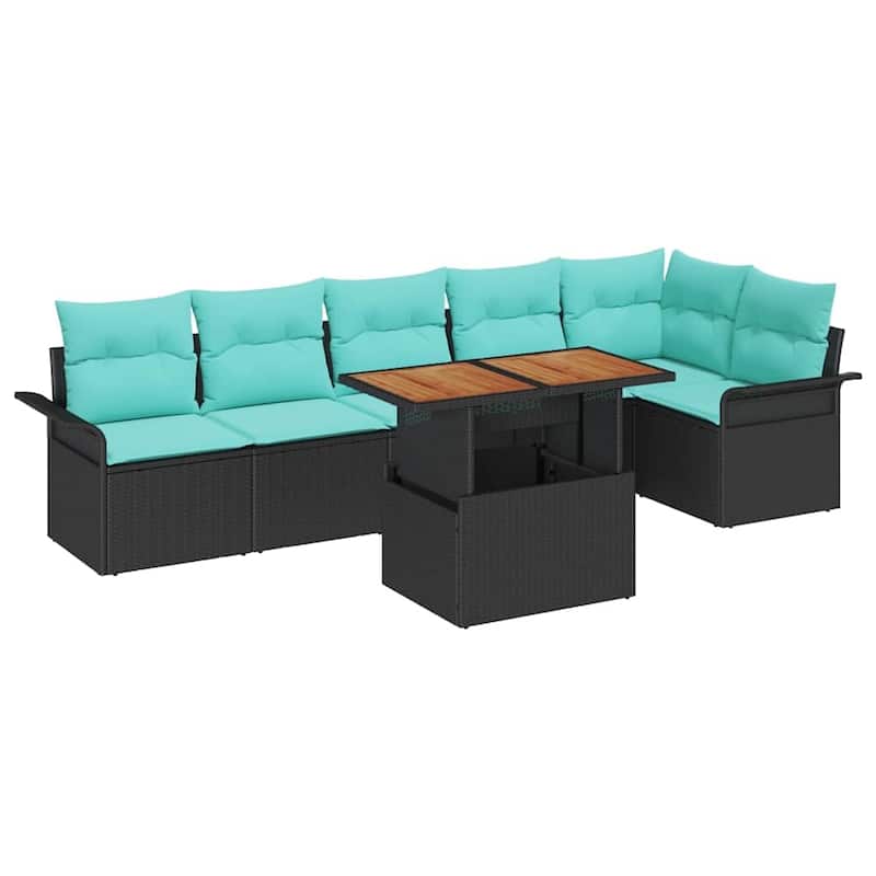 vidaXL 7 Piece Garden Sofa Set with Cushions Black Poly Rattan - 117.1×52.2×27.2