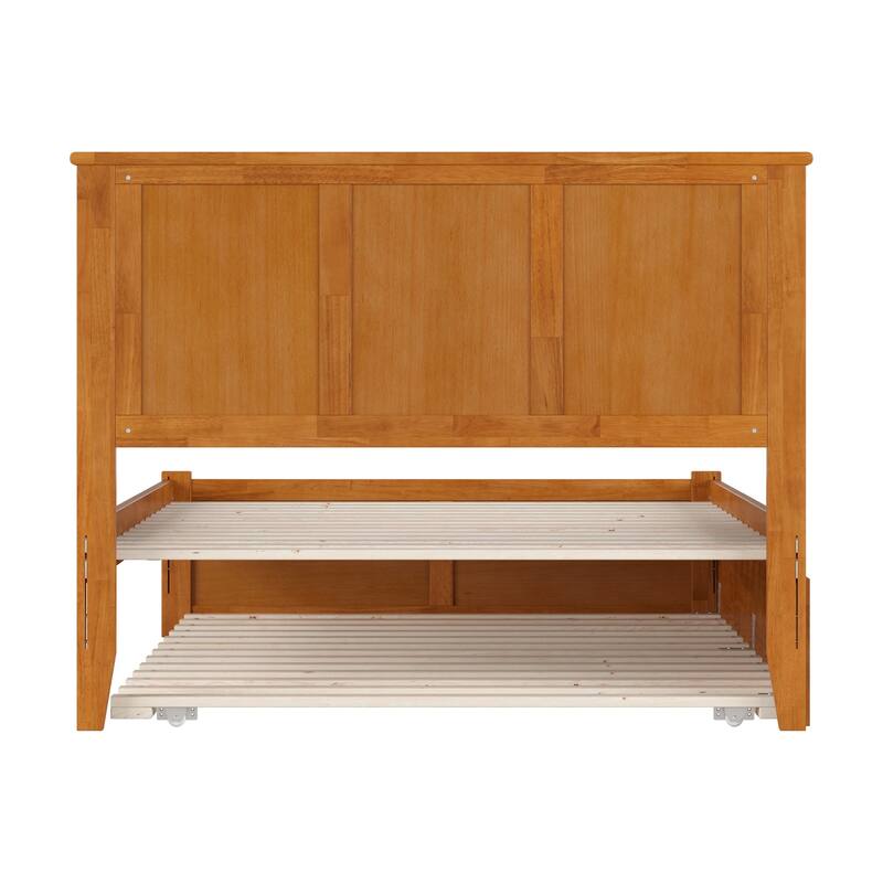 Solid Wood Platform Bed with Trundle - Full Size Bed Frame, Footboard, Slat Support, Bedroom Furniture